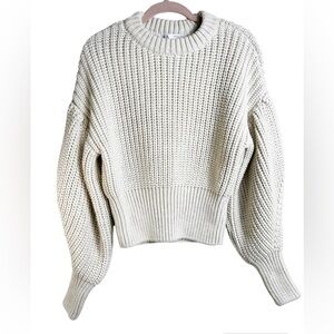 Zara cropped knitted crew neck sweater with ballon sleeves, Medium, cream